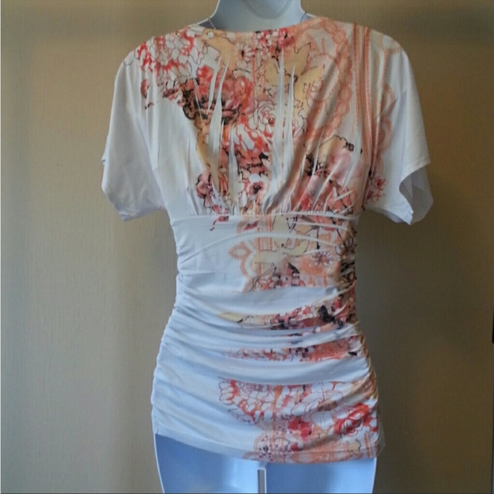 White & Orange, Floral print ruched blouse, small - Picture 4 of 4